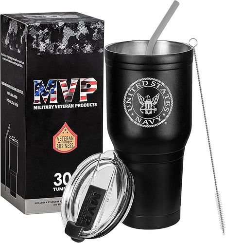 Military Gift Shop US Navy Black Double Wall Vacuum Insulated Stainless Steel Tumbler, Coffee Mug | Disabled Vet Owned Business | Navy 30oz Tumbler