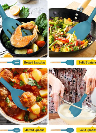 Pack of 4 Silicone Cooking Utensils Set, Non Stick Solid Spatulas and Heat Resistant Slotted Spoons with Wooden Handle, Ideal Wood Kitchen Utensils Set for Frying,Serving,Turning,Stirring (BLUE)