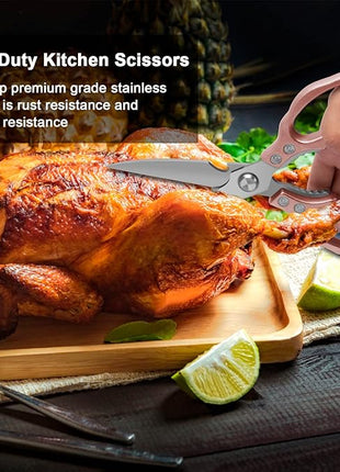 CGBE Kitchen Scissors, Multi-Purpose Kitchen Shears, Heavy Duty Dishwasher Safe Food Scissors for Chicken, Poultry, Fish, Meat & Herbs with Non-Slip Grips - Rosegold