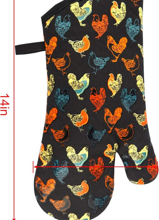 Oven Mitts Gloves 1 Pair Heat Resistant 480 ℉ Non Slip Clear Silicone Printed Rooster Comfortable Cotton Lining Kitchen Men Cooking Barbecue Machine Washable (Rooster, Black Mittens)