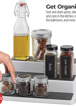 Copco 3-Tier Spice Rack Organizer for Cabinet or Pantry, 10-Inch Non-Skid Tiered Shelf, White/Gray Design Holds Spice Jars, Cans, and Bottles