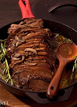 Cuisinel Cast Iron Skillet with Lid - 12"-inch Pre-Seasoned Covered Frying Pan Set + Silicone Handle & Lid Holders + Scraper/Cleaner - Indoor/Outdoor, Oven, Stovetop, Camping Fire, Grill Safe Cookware