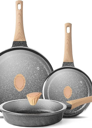 Non Stick Frying Pan Set - Stone Skillet Set, Kitchen Omelette Pans, Induction Chef' Pan Grainte Cookware Set, Nonstick Frying Pans with Lid(8inch&9.5inch&11inch)