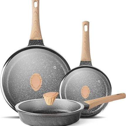 Non Stick Frying Pan Set - Stone Skillet Set, Kitchen Omelette Pans, Induction Chef' Pan Grainte Cookware Set, Nonstick Frying Pans with Lid(8inch&9.5inch&11inch)