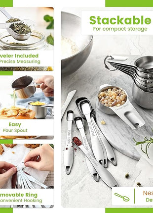 Spring Chef Stainless Steel Measuring Cups and Spoons Set of 14 with Leveler, Nesting Kitchen Metal Measuring Cups and Spoons Set for Dry and Liquid Ingredients, Perfect for Cooking & Baking
