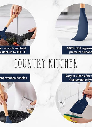 Country Kitchen Non Stick Silicone Utensil Set with Rounded Wood Handles for Cooking and Baking, 14 Piece Set, Navy