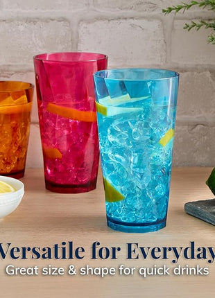 US Acrylic Optix Plastic Reusable Drinking Glasses (Set of 16) 14oz Rocks & 20oz Water Cups in Jewel Tone Colors | BPA-Free Tumblers, Made in USA | Top-Rack Dishwasher Safe