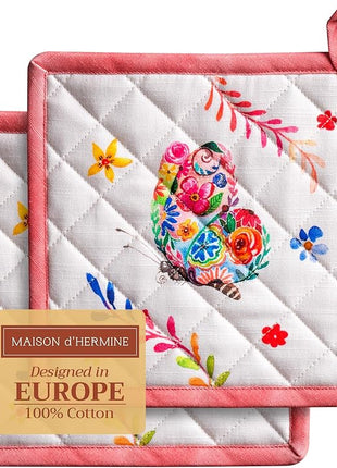 Maison d' Hermine Pot Holders Set 100% Cotton Heat Resistant Potholders 8" x 8" Hot Pads with Loop Cooking, Grilling, Kitchen, Handling Hot Pans Spring/Summer (Pack of 2, Happy Florals - High Summer)