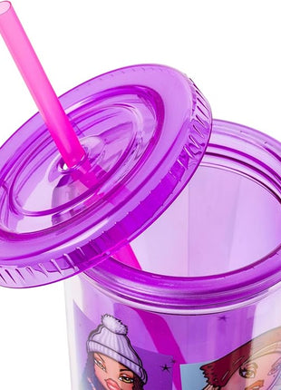 Silver Buffalo Bratz Grid Featuring Cloe, Yasmin, Jade, and Sasha Plastic Tall Cold Cup with Lid and Straw, 20 Ounces