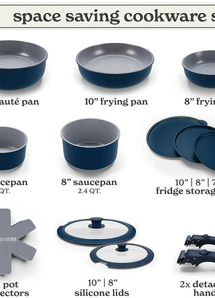 Country Kitchen Cookware Set with Removable Handle, Oven & RV Safe Pots and Pans Set, Denim, Original