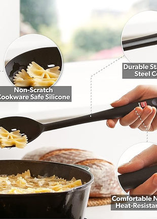 DI ORO Silicone Spoons for Cooking - Large Kitchen Spoons for Mixing, Serving, & Stirring - 600°F Heat-Resistant Non Stick Utensils – Big Solid & Slotted - Dishwasher Safe (2pc, Black)