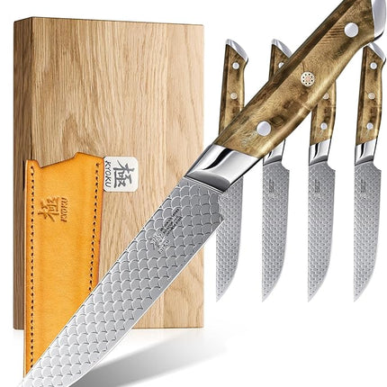 KYOKU 4.8" Steak Knife Set of 4 with Non-Stick Koi Scale Pattern, Japanese VG10 Stainless Steel Steak Knives with Sheath Gift Box, Shogun Koi Series Full Tang Knives for Steak with Camphorwood Handles