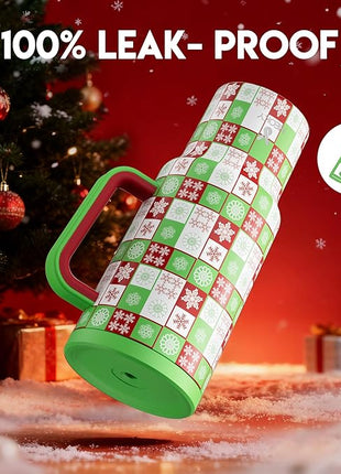 Meoky 40 oz Christmas Tumbler with Handle and Straw, Xmas Tumbler with Lid and Straw, Insulated Stainless Steel Travel Mug, Christmas Gifts for Women Men Adults (Holly Check)