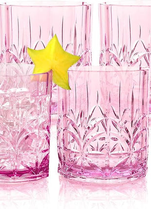BELLAFORTE Shatterproof Tritan Plastic Short Tumbler, Set of 4, 13oz - Myrtle Beach Unbreakable Crystal Cut Old Fashioned Drinking Glasses for Whiskey - BPA Free - Dishwasher Safe - Pink