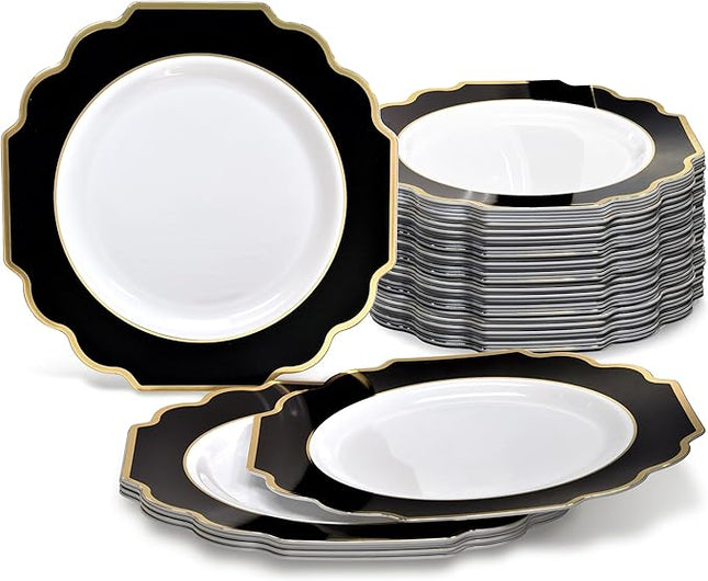 " OCCASIONS " 240 Plates Pack,(120 Guests) Heavyweight Wedding Party Disposable Plastic Plates Set -120 x 10.5'' Dinner + 120 x 8'' Salad / Dessert (Imperial in Black & Gold)