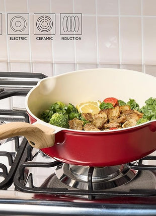 CAROTE 14 Pcs Ceramic Cookware Set, Pots and Pans Set Non Stick with Ceramic Coating, Induction Kitchen Sets, Red