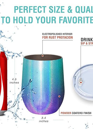 CHILLOUT LIFE 12 oz Stainless Steel Wine Tumblers 2 Pack - Double Wall Vacuum Insulated Wine Glasses Cups with Lids and Straws Set Keeping Cold & Hot for Coffee, Beer, Ice Cream - Mermaid Sparkle