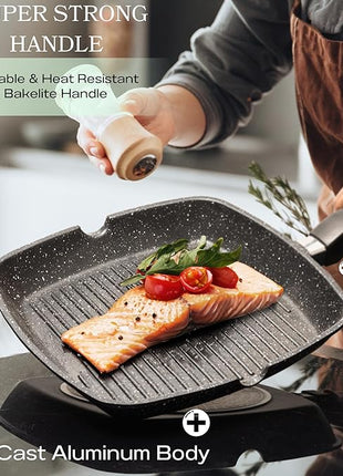 Moss & Stone Aluminum Nonstick Grill Pan for Stove Tops, Versatile Griddle Skillet with Pour Spouts, 11 Inch Square Grill Pan Big Cooking Surface, Durable Skillet For Indoor Cooking & Outdoor Grilling