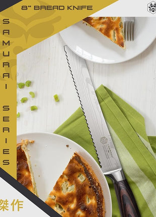 KESSAKU Serrated Bread Knife - 8 inch - Samurai Series - Razor Sharp Kitchen Knife - Forged 7Cr17MoV High Carbon Stainless Steel - Wood Handle with Blade Guard