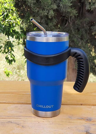 Stainless Steel Travel Mug with Handle 30 oz - 6 Piece Set. Tumbler with Handle, Straw, Cleaning Brush & 2 Lids. Double Wall Insulated Large Coffee Mug Bundle - Royal Blue Powder Coat Tumbler