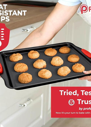 PERLLI Non-Stick 3-Piece Baking Pan Set, BPA-Free Carbon Steel Bakeware Set with Silicone Handles, Stackable Kitchen Oven Set, Cookie Sheet, Baking Tray, Baking Sheet Set, Oven Safe (446°F)