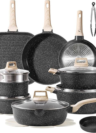 CAROTE 26Pcs Pots and Pans Set, Nonstick Cookware Sets, Granite Induction Cookware Non Stick Cooking Set w/Frying Pans & Saucepans(PFOS, PFOA Free)