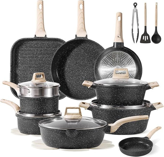 CAROTE 26Pcs Pots and Pans Set, Nonstick Cookware Sets, Granite Induction Cookware Non Stick Cooking Set w/Frying Pans & Saucepans(PFOS, PFOA Free)