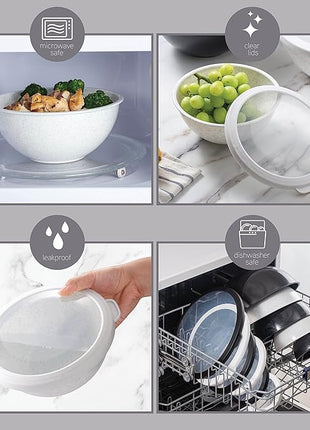 COOK WITH COLOR Mixing Bowls with TPR Lids - 12 Piece Plastic Nesting Bowls Set includes 6 Prep Bowls and 6 Lids, Microwave Safe Mixing Bowl Set (Black and White)