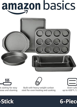 Amazon Basics 6 Piece Nonstick, Carbon Steel Oven Safe Bakeware Set with Cake, Muffin, Cookie, and Loaf Pans, 6 Piece, 16.25 x 11.75 x 6.25 inches