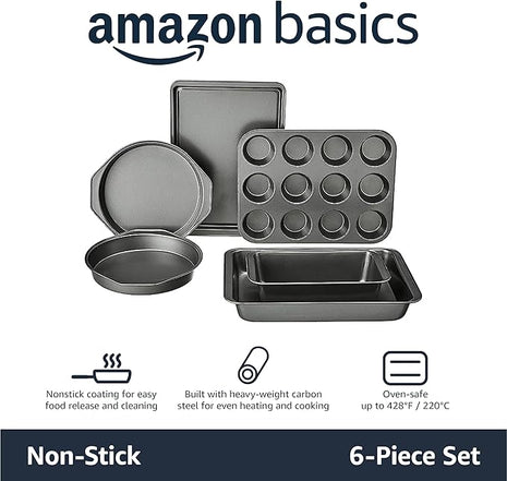 Amazon Basics 6 Piece Nonstick, Carbon Steel Oven Safe Bakeware Set with Cake, Muffin, Cookie, and Loaf Pans, 6 Piece, 16.25 x 11.75 x 6.25 inches