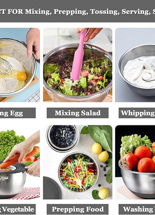 Wildone Mixing Bowls with Airtight Lids, 22 PCS Stainless Steel Mixing Bowls Set, 3 Grater Attachments, Measurement Marks & Non-Slip Bottom, Size 5, 4, 3, 2,1.5, 0.63QT, Ideal for Mixing & Prepping