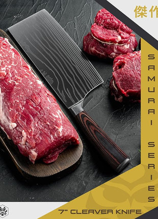 KESSAKU Meat Cleaver Butcher Knife - 7 inch - Samurai Series - Heavy Duty - Razor Sharp - Forged 7Cr17MoV High Carbon Stainless Steel - Wood Handle with Blade Guard