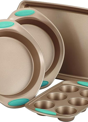 Rachael Ray Cucina Bakeware Set Includes Nonstick Cake Cookie Baking Sheet and Muffin Cupcake Pan, 4 Piece, Latte Brown with Agave Blue Grips