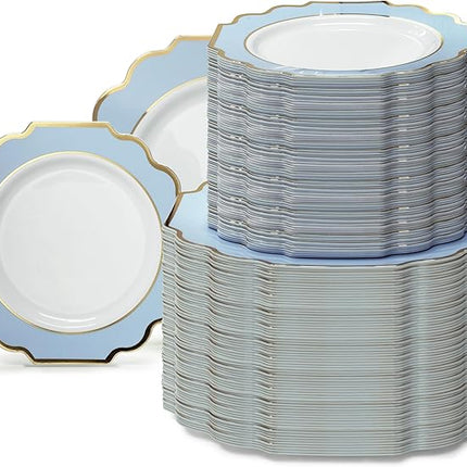 " OCCASIONS " 240 Plates Pack (120 Guests) Heavyweight Wedding Party Disposable Plastic Plates Set -120 x 10.5'' Dinner + 120 x 8'' Salad/Dessert Plate (Imperial in White/Blue & Gold)