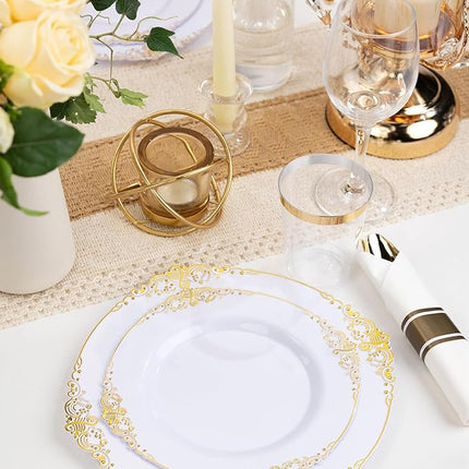 Nervure 350PCS Gold Plastic Plates - Gold Plastic Dinnerware Sets for 50 Guests - 100 Disposable Plates, 150 Silverware, 50 Cups, 50 Napkins for Wedding & Party