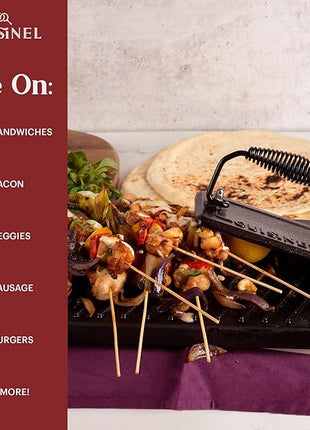 Cuisinel Cast Iron Grill Pan + Rectangular Cast Iron Grill Press + Tempered Glass Lid + Pan Scraper – Pre-Seasoned Ribbed Skillet – 10.5"-Inch Square Grilling Indoor/Outdoor Camping Fire BBQ Cookware