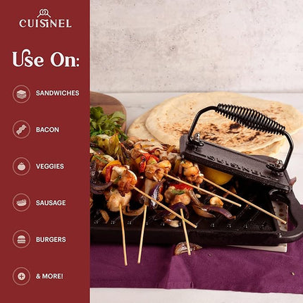 Cuisinel Cast Iron Grill Pan + Rectangular Cast Iron Grill Press + Tempered Glass Lid + Pan Scraper – Pre-Seasoned Ribbed Skillet – 10.5"-Inch Square Grilling Indoor/Outdoor Camping Fire BBQ Cookware