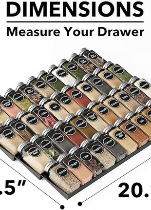 SpaceAid Spice Drawer Organizer with 44 Spice Jars, 386 Spice Labels, 4 Tier Seasoning Rack Tray Insert for Kitchen Drawers, 20.25" Wide x 17.5" Deep