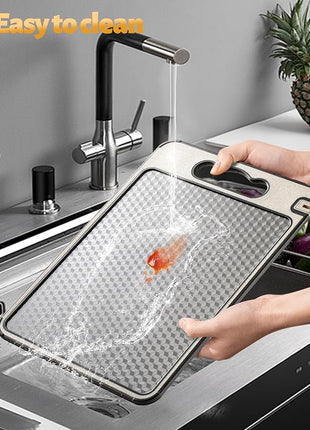 Stainless Steel Cutting Board for Kitchen, Non Toxic Large Chopping Board Double Sided Non-slip Scratch-resistant Mesh Design with Juice Groove Food-Grade Wheat Straw PP 15×10 In Easy to Clean