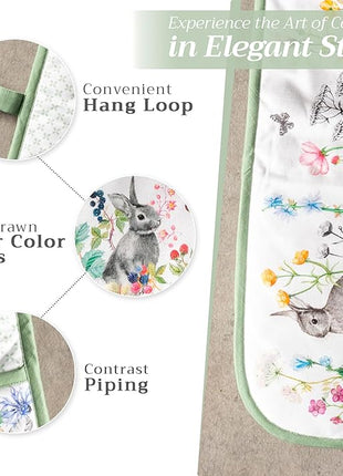 Maison d' Hermine Double Oven Mitts 100% Cotton 7"x35" Double Oven Mitt Heat Resistant BBQ Cooking Gloves with Loop, Baking, Grilling, Home, Kitchen, Handling Hot Pans Spring Summer (Printemps)