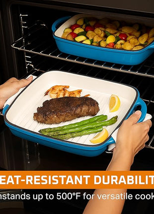 Bruntmor 2-in-1 Square Dutch Oven Casserole Dish with Lid, Dual Handles and Grill Pan for Baking, Braising and Grilling - Durable All-in-One Enameled Cast Iron Cookware Set for Kitchen, Whale Blue