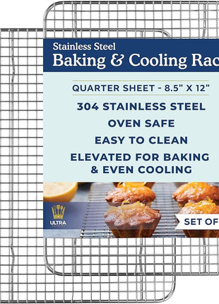 Ultra Cuisine Oven-Safe, Dishwasher-Safe 100% Stainless Steel Cooling & Baking Rack Set - Tight-Wire Bake for Oven Cooking - Heavy Duty - 8.5x12 - Set of 2 - Small Quarter Sheet Pan Cooling Racks