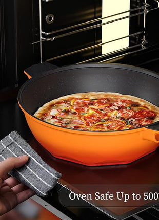 TIBORANG 8 in 1 Multipurpose 11 Inch 5 Quart Heat Indicator Nonstick Deep Frying Pan with Glass Lid,Stay-cool Handle,Steamed Grid,PFOA-Free,Dishwasher&Oven Safe,Works with All Stovetops(Tangerine)
