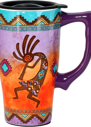 Spoontiques - Ceramic Travel Mugs - Kokopelli Cup - Hot or Cold Beverages - Gift for Coffee Lovers