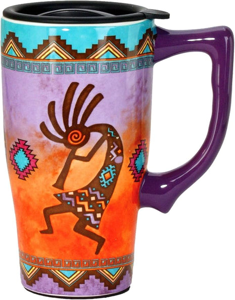 Spoontiques - Ceramic Travel Mugs - Kokopelli Cup - Hot or Cold Beverages - Gift for Coffee Lovers