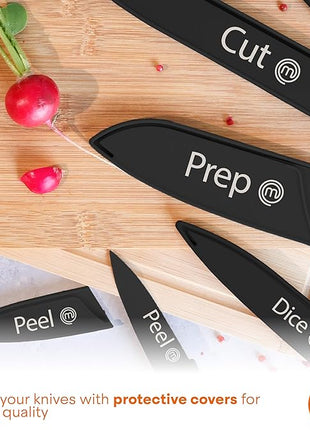 MasterChef Kitchen Knife Set with Covers, 6 Professional Chef Knives for Home Kitchens, Extra Sharp Cutting Stainless Steel Blades & Protective Sheaths, Soft-Touch Easy-Grip Handles, Essential Black