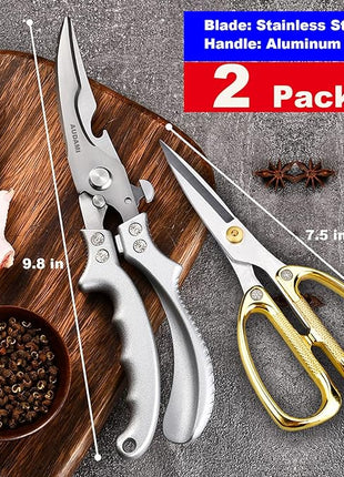 Stainless Steel Heavy Duty Kitchen Scissors - 2 Pack Multipurpose Food Scissors, Poultry & Meat Shears