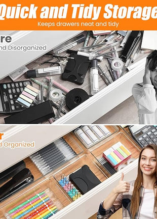 12 Pack Clear Plastic Drawer Organizer Set, Acrylic Non Slip Non Cracking Kitchen Drawer Storage Tray Large Size Divider, Multifunctional Storage for Cosmetics, Bathroom, Tools, Kitchen and Office