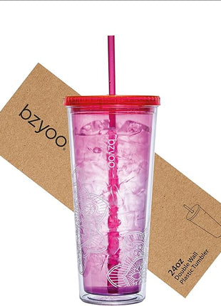 bzyoo SIP 24oz (710ml) Double Wall Plastic Tumbler with Lid and Straw Cold Drink Travel Mug Reusable Party Cup Perfect for Office Ice Coffee or Tea and Gift Color: Pink & Purple