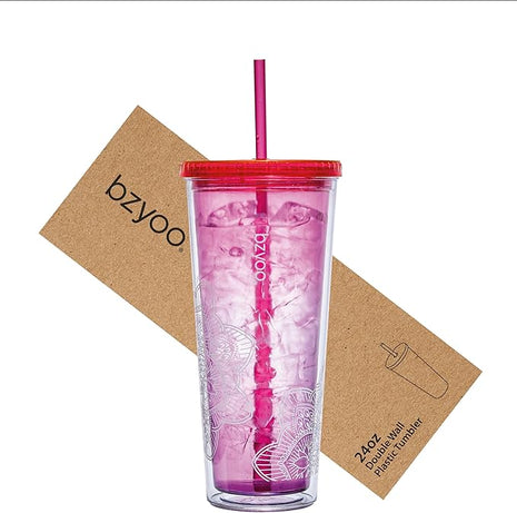 bzyoo SIP 24oz (710ml) Double Wall Plastic Tumbler with Lid and Straw Cold Drink Travel Mug Reusable Party Cup Perfect for Office Ice Coffee or Tea and Gift Color: Pink & Purple